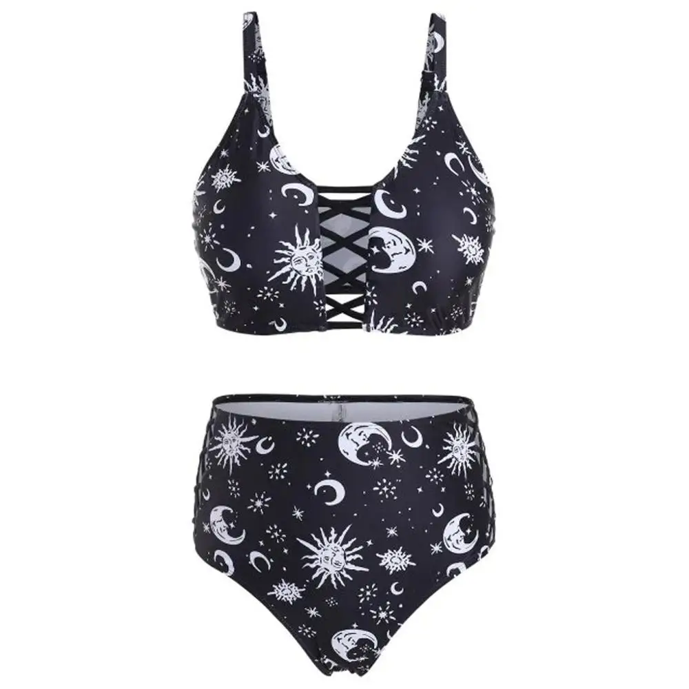 

Women Two Piece Star Sun Moon Lace Up Bikini Set Swimsuit 2019 Summer Bathing Suit High Cut Padded Swimwear Tankini Hot Sale
