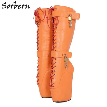 

Sorbern Beginner Quan Hoof Heelless Mid Calf Boots Women Plus Size Sexy Fetish Shoe Pinup Ballet Lockable Wedge Boot Orange Matt