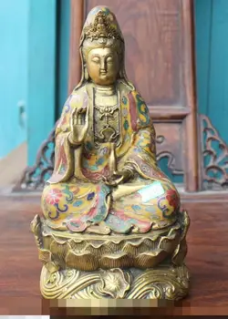 

S5348 10" Tibet Cloisonne Enamel Bronze Gilt Kwan-Yin Guan Yin Goddess Buddha Statue