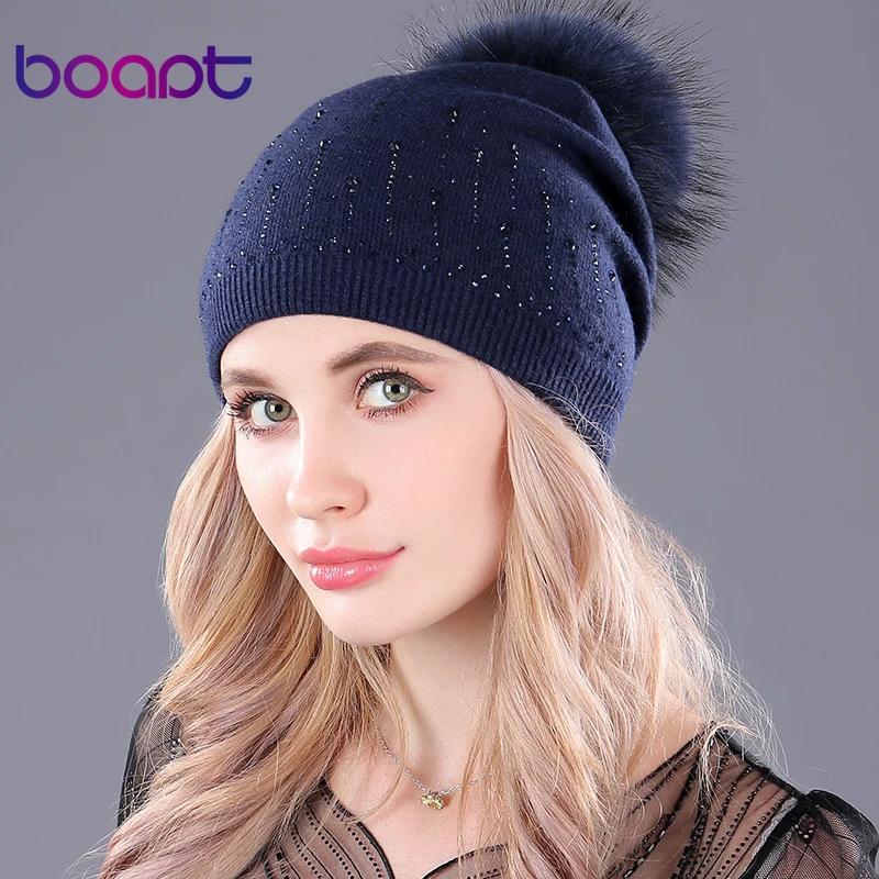 

[boapt] real raccoon fur pompon thick wool knitted folds caps winter warm hats for women rhinestone skullies beanies female hat