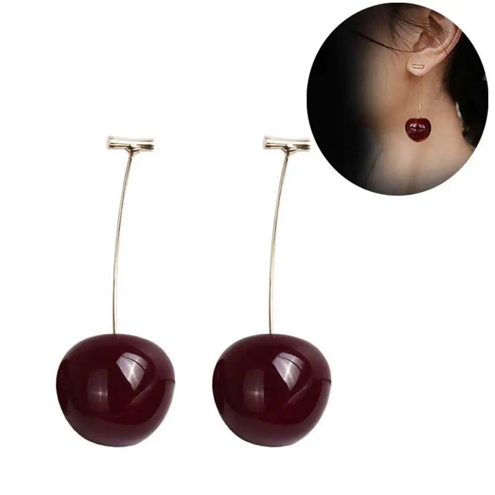 

New Cute Red Resin Cherry Fruit Shaped Pendant Drop Earrings Bohemian Earrings For Women Girls Fashion Jewelry Gift