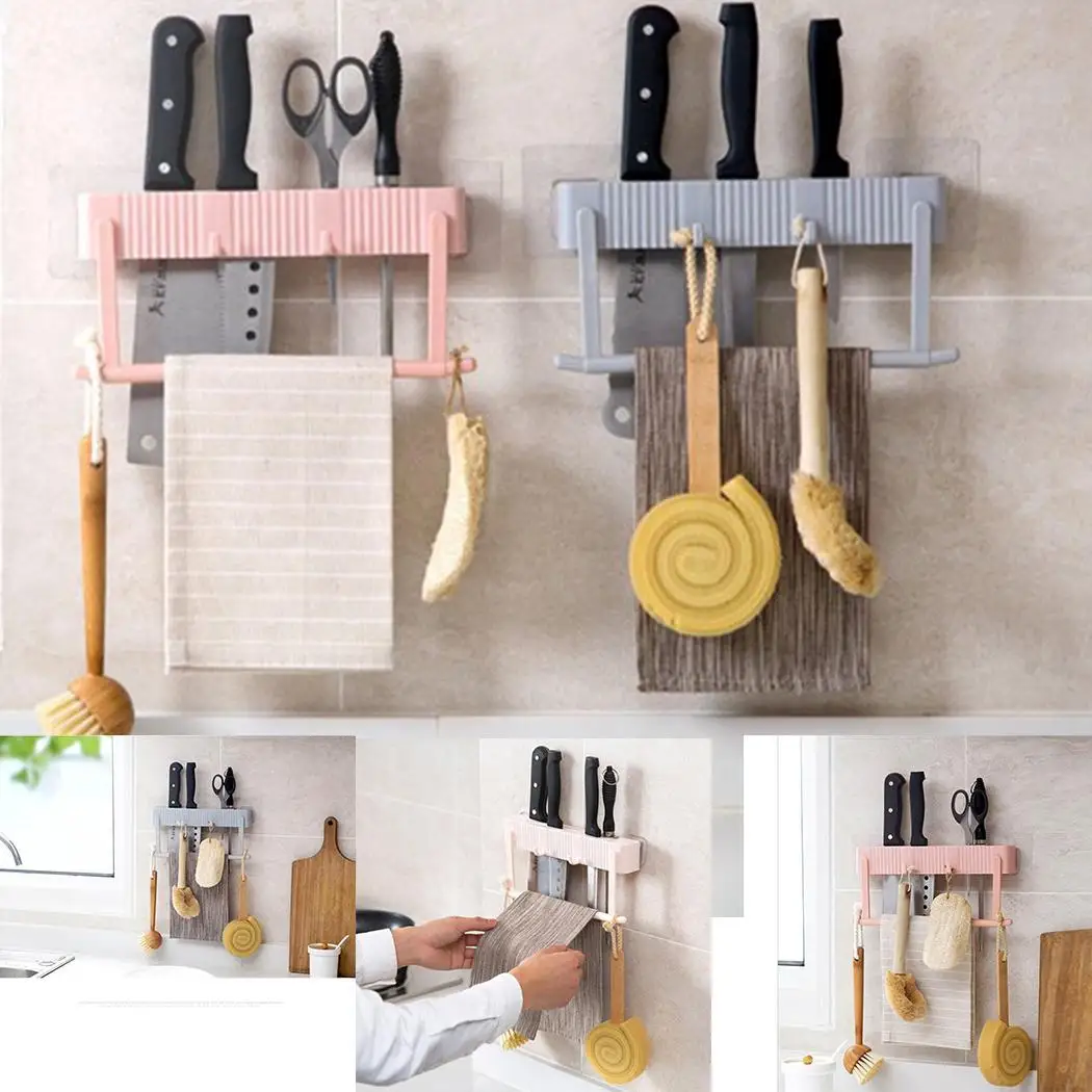 

Punch-free Kitchen Utensil Knife Storage Rack Multi-functional 3KG Shelf Holder Pink, Gray, Beige