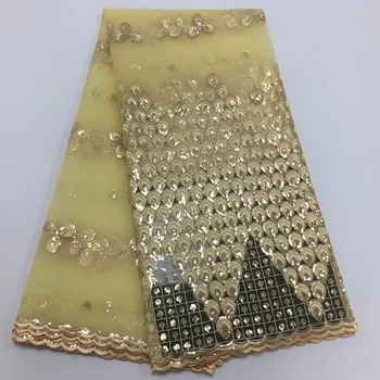 

2018 High Quality African Lace Fabric Gold , Royal Blue French Net Embroidery Sequins Tulle Lace Fabric For Nigerian party Dress