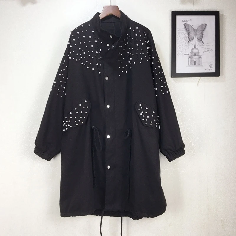 Poitrine Mandarin Mode Unique Kb140 Green Casual Perles Automne qlzw Large Hiver Black 2018 De Nouvelle À Poches Manteau Taille Collar Femmes army nxgI8Fw