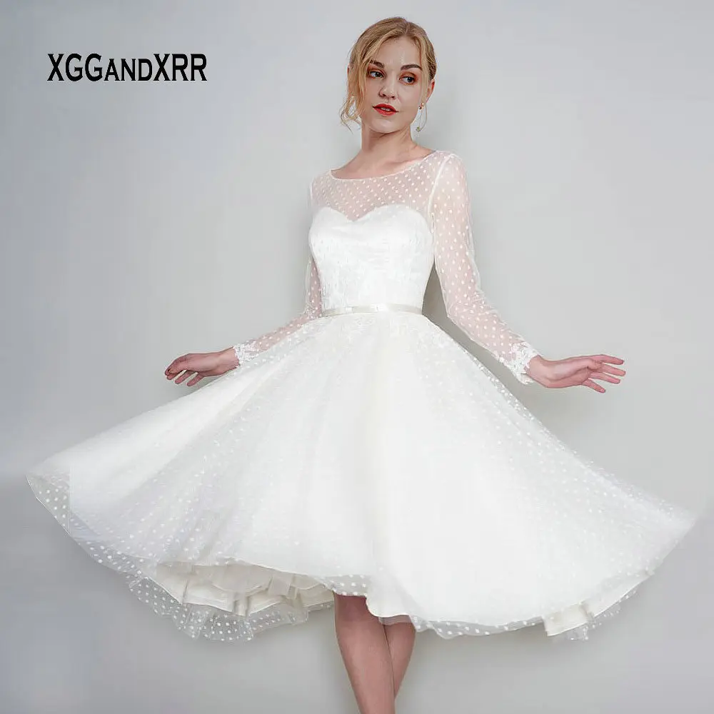 Elegant Mid Calf Short Wedding Dress 2019 Long Sleeves Bridal Gown Lace ...