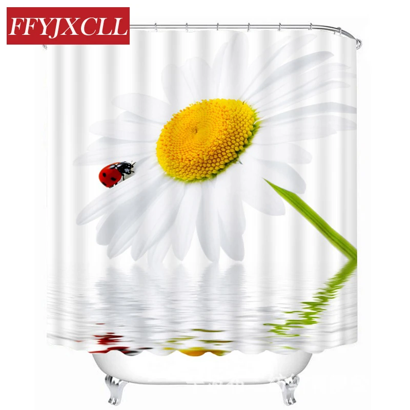

White Chrysanthemum Narcissus Magnolia Polyester Waterproof Fabric Shower Curtain Eco-Friendly Bathroom Curtain With 12 Hook