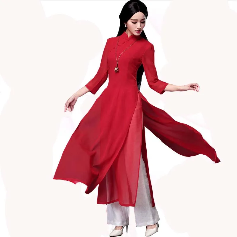 2 шт. вьетнамские комплекты Aodai пикантный женский Чонсам плюс 3XL винтажное длинное