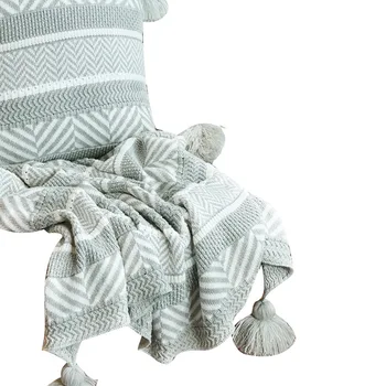 

Cotton Yarn Knitted Tassel Blanket Home Decoration Cover Throw Blanket Grey White Stripe Twin Size
