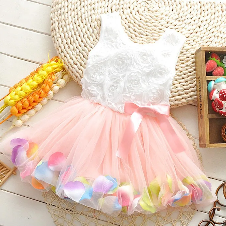 

Girls' Pink Rose Petal Hem Dress Girls Floral Clothes 6 Different Colors Cute Kids Clothes Princess TuTu Dress Vestidos Infantis
