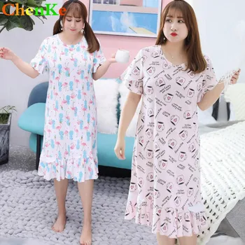 

ChenKe Cute Cartoon Sexy Women Nightdress Summer Short Sleeve 100% Cotton Sleepwear Lotus Sleeve Flounce Plus Size 4XL