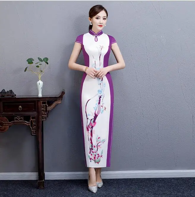 Винтажное китайское традиционное женское атласное платье с принтом сексуальное длинное тонкое китайский воротник Qipao Чонсам с цветами плюс размер 4XL - Цвет: 0071