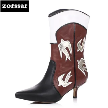 

{Zorssar} Fashion ethnic style shoes Pointed toe High heel mid-calf boots women Western boots winter Female shoes Big Size 46