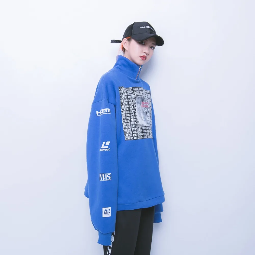 

Jasmine summer street spoof woman head letter printing turtleneck sweatshirt BF thick loose zipper