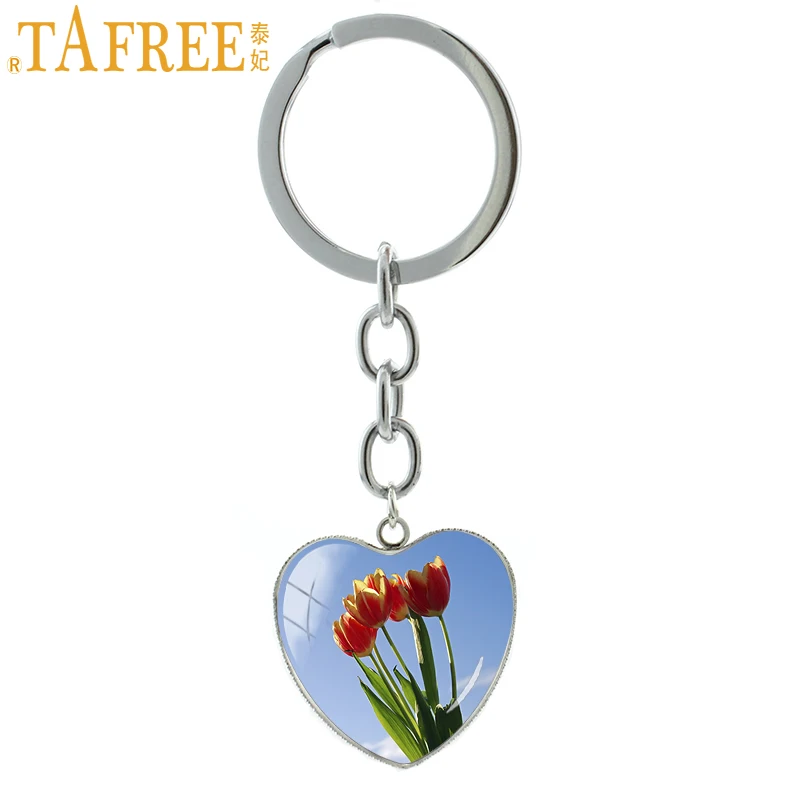 

TAFREE Glass Dome Tulip Keychain For Women Handbag Plant Flower Art Picture Charm Key Ring Car Key Holder E910