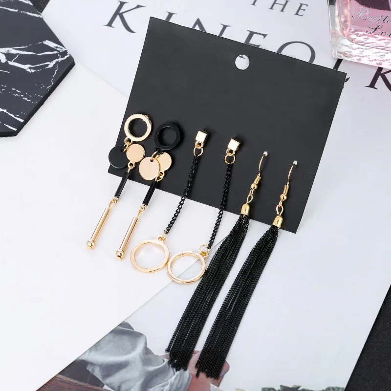 

Black Long Tassel Drop Earrings Set For Women Elegant Gold Color Cirlce Round Dangle Earring Bohemia Jewelry A401