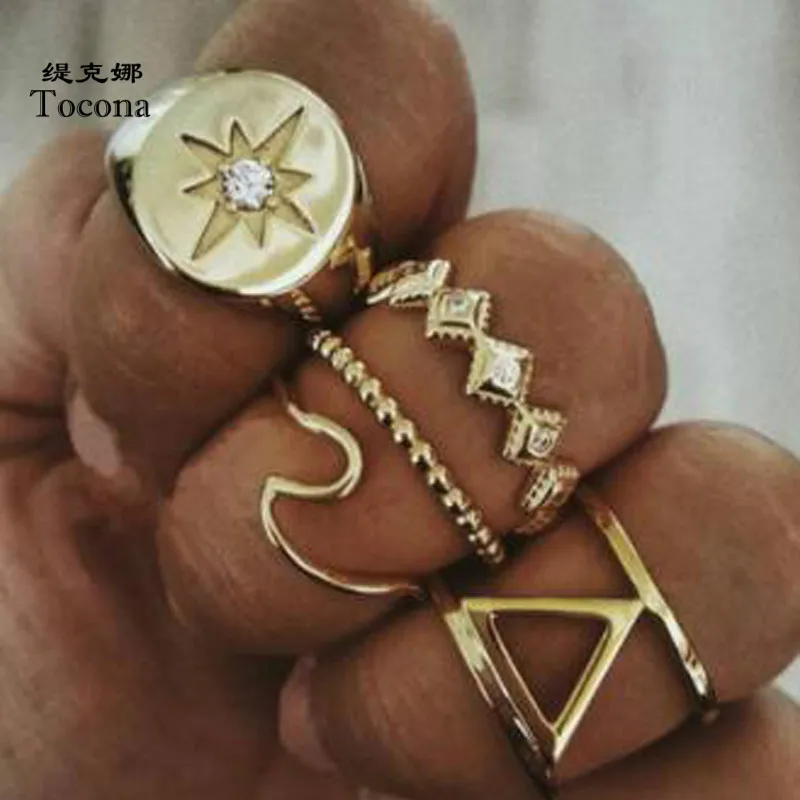 

Tocona Bohemia New Fashion Geometric Gold Color Finger Rings Round Star Square Shape Design For Women Men Jewelry Gift 3419