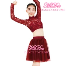 MiDee танцевальный костюм из 2 предметов с блестками и кружевным воротником-чокером, с длинными рукавами и открытой спиной, укороченный топ и юбка-пачка