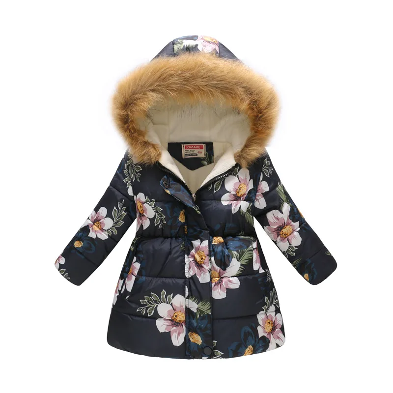 Russia Winter Jacket Kids Baby Girls Cartoon Printed Long Coats Warm Thick Jackets Children Outerwear Coat New Year Girl Clothes - Цвет: Dark Blue