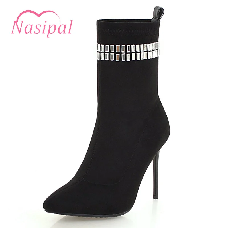 

Nasipal Mid Calf Boots Shoes woman Stiletto Pointed toe Rhinestone Slip On Sock Boots Autumn winter Warm Female mujer botas M605