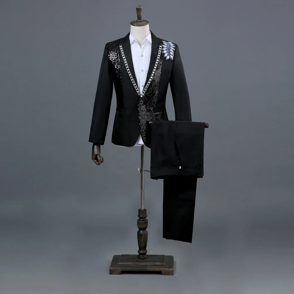

2018 Men's Black and White Sequins Inlaid Crystal DJ Singer Nightclub Suit Jacket Wedding Suit Blazer Costumes(Jacket+Pants)