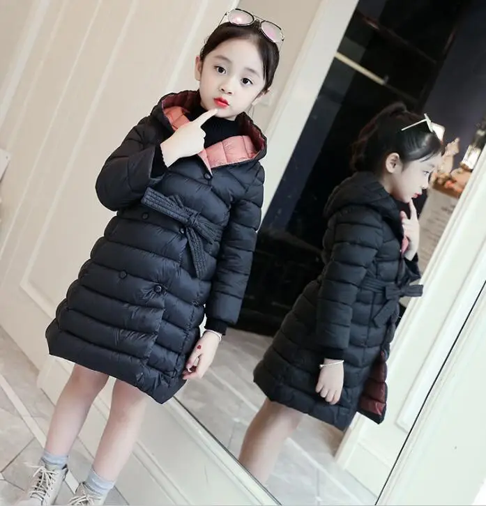 Детская зимняя куртка зимнее пальто для девочек теплая верхняя одежда с капюшоном для маленьких детей зимняя парка длинные пуховые пальто для подростков от 5 до 14 лет - Цвет: black