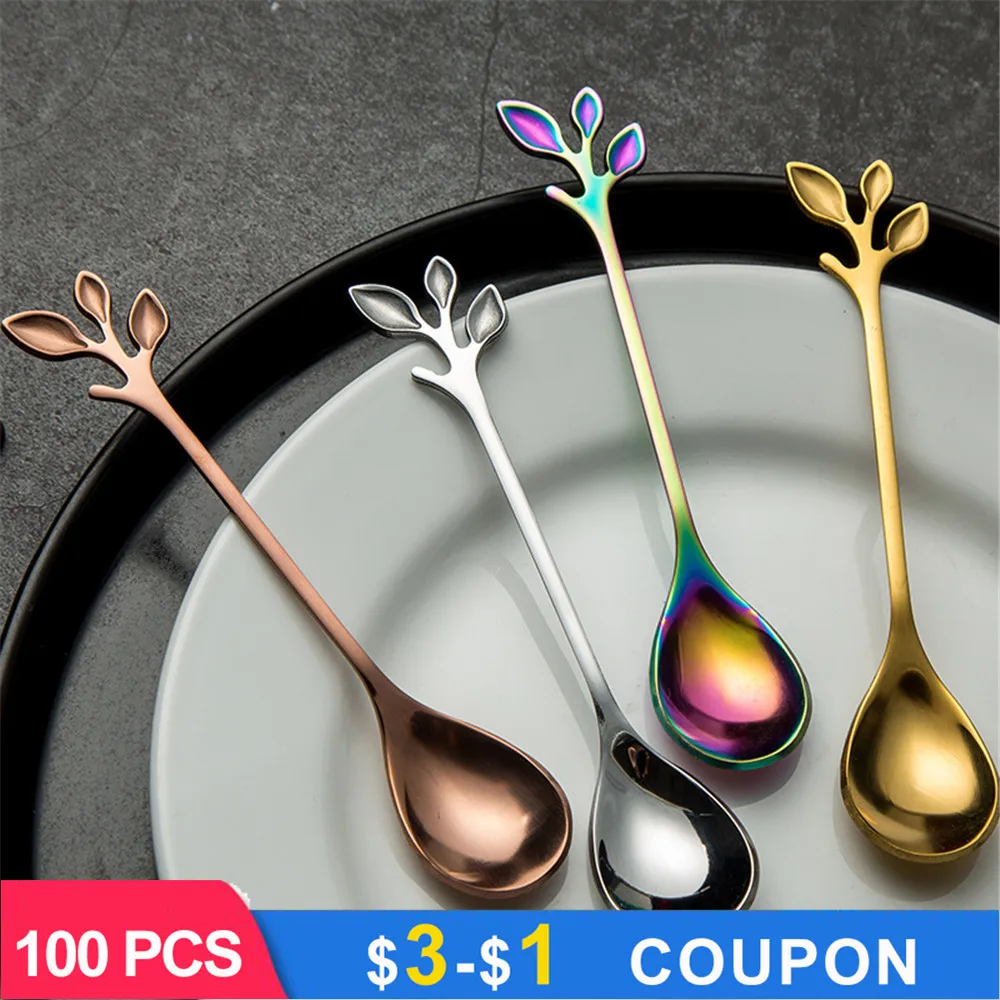 

Cute Leaf shape Stainless Steel Coffee Spoons Set Creative Tableware Fruit Forks Small Mini Metal Kitchen Accessories Tea Scoops