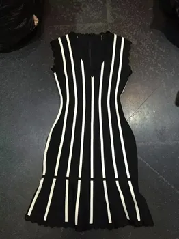 

Top Quality Celebrity HL White Vertical Stripes Black Rayon Thick Bandage Dress Cute Cocktail Party Dress