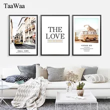 TAAWWA Small Town Nordic Poster Scandinavian Canvas Painting Car Wall Art Print Vintage Bus Decorative Picture for Living Room 