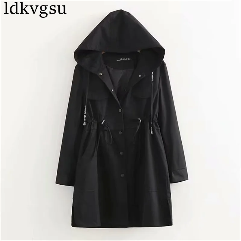 

2019 NEW Spring Autumn Trench Coats Women Hooded Outerwear Large Size Korean Loose Waist Long Windbreaker Female V222
