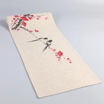 

Hand Painting Flower Bird Chinese Burlap Table Runner Decoration Christmas Table Cloth Rectangular Coffee Tea Table Mat Placemat