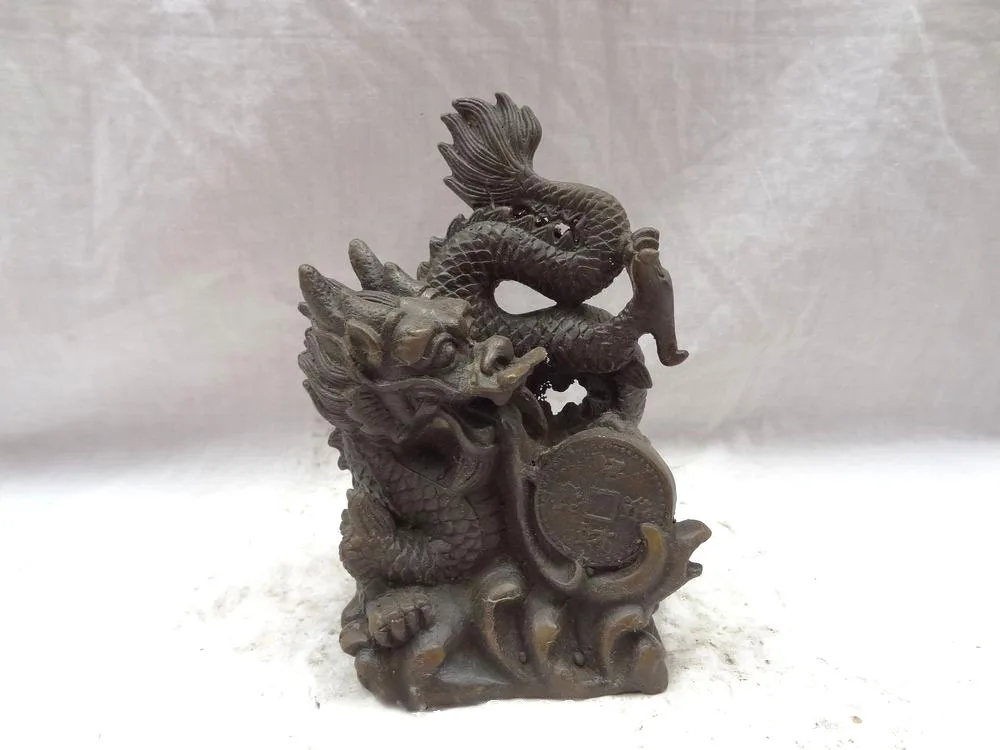 

Chinese Bronze Zodiac Sculpture FengShui Wealth Coin Myth Fly Dragon Statue free shipping