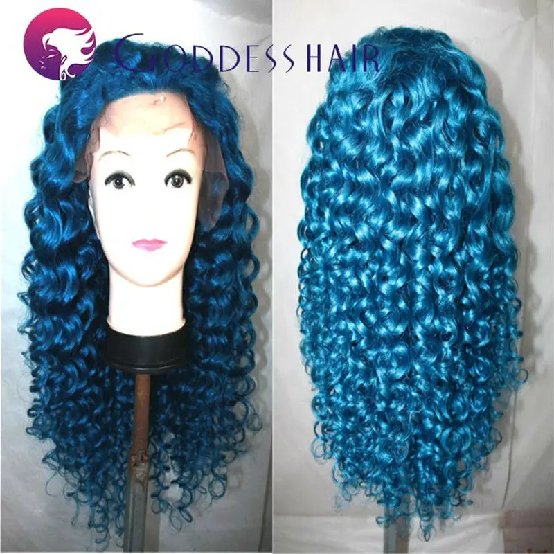 blue lace front wig 180 brazilian virgin hair deep wave human hair wigs bright blue