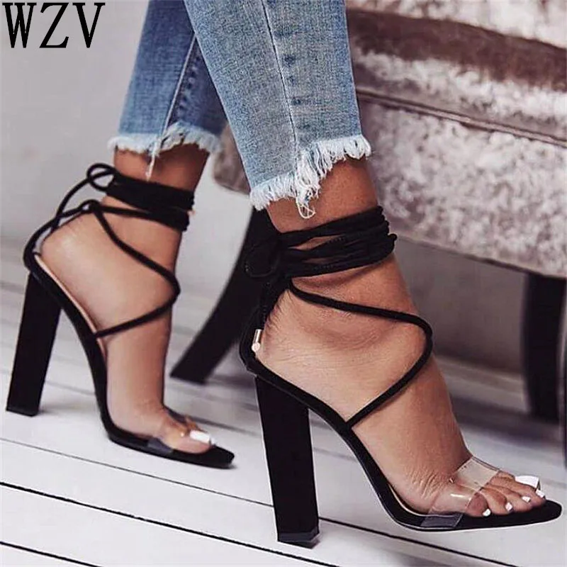 

2019 Women Sandals Ankle Strap sexy High Heels PVC Clear Concise Buckle Strap Women Sandals Summer Square Heels H23