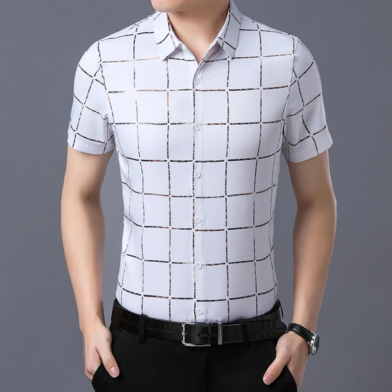 19.1     45、翻领、格子、Men's Shirts Summer Thin Men's Fashion Wild Plaid Short Sleeve Shirt Men's Business City Casual Professional Shirt