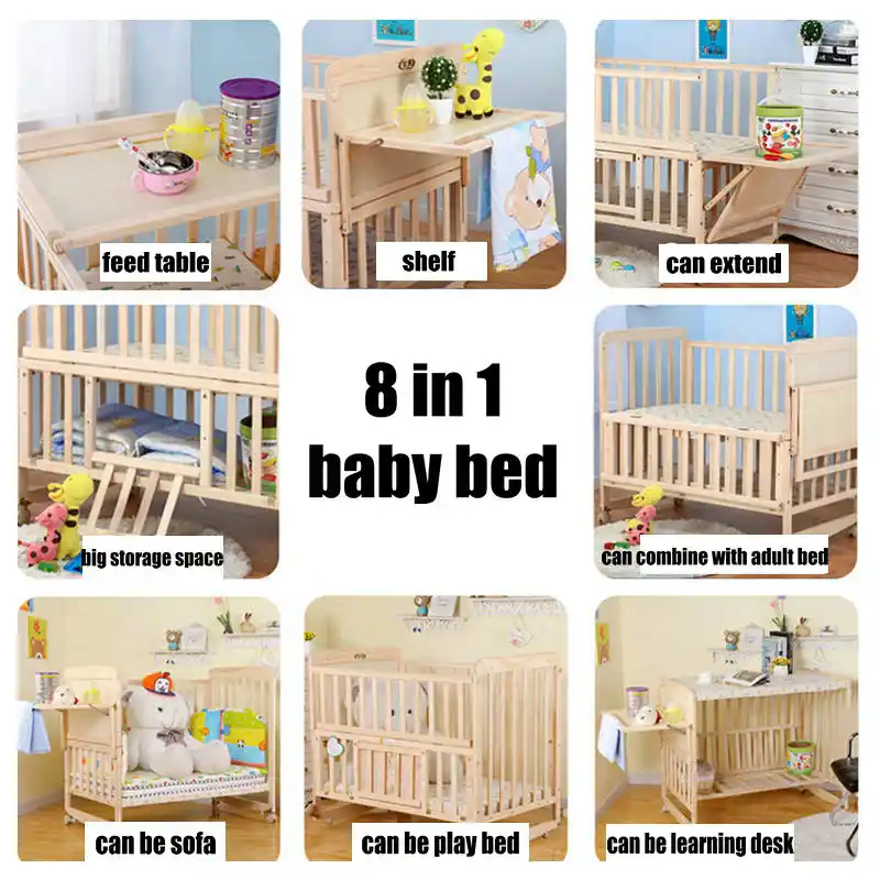 8 In1 Wood Baby Bed With Shelf Extended Baby Crib 3 Grade Height