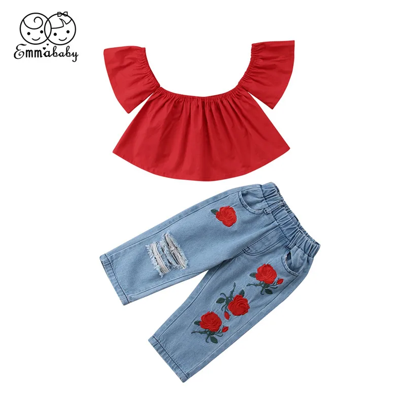Toddler Kids Baby Girl Floral Tops T-shirt Denim Pants Trouser Jeans Clothes Set