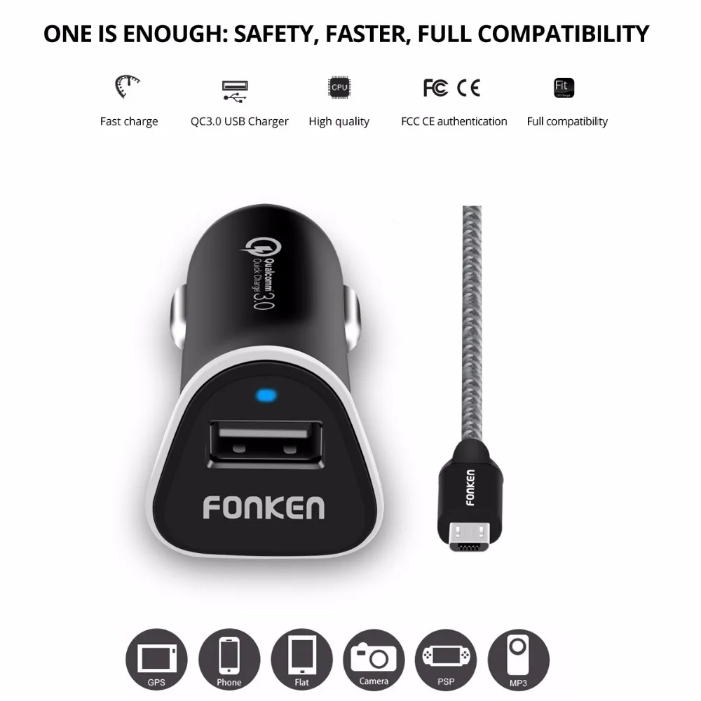 Автомобильное зарядное устройство FONKEN Quick Charge 3,0 USB Автомобильное зарядное устройство QC3.0 QC2.0 быстрое зарядное устройство для телефона 12V 1.5A светодиодный светильник для мобильного телефона зарядное устройство