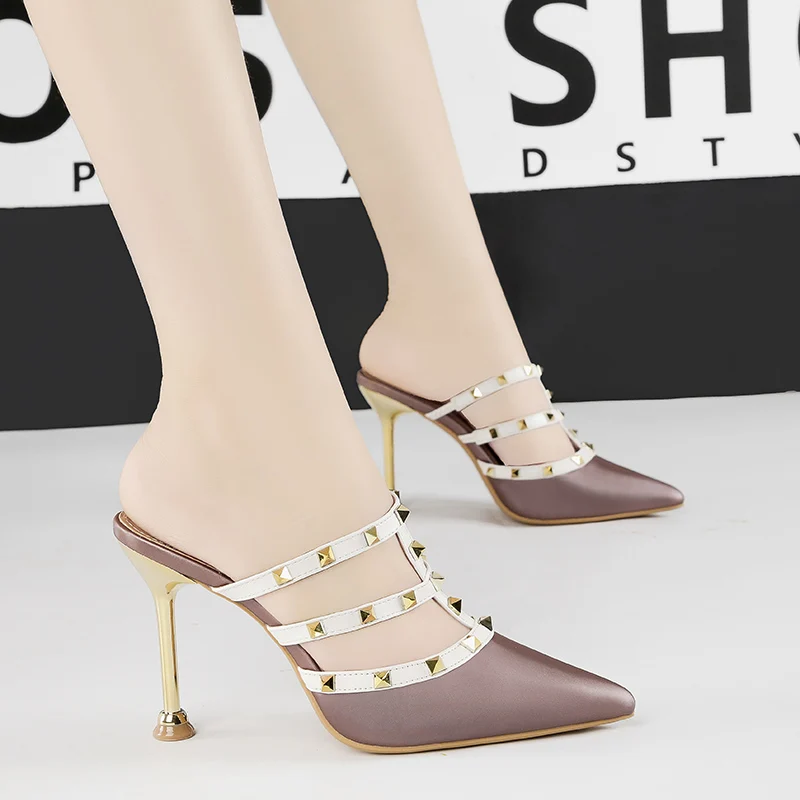

Women shoes high heels Mules rivet pointed toe Slippers summer hollow sandals shallow slides gold silver black zapatos mujer