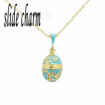 

slide charm Free shipping Blue Enamel Plant Russian Easter Decorative Egg Pendant Golden Crystal Rhinestone Necklace