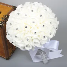 Beautiful White Ivory Bridal Bridesmaid Flower Wedding Bouquet Artificial Flower Rose Bouquet Crystal Bridal Bouquets