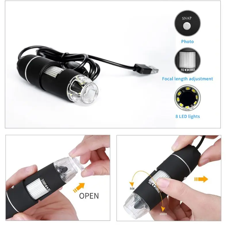 Портативный 1000X цифровой USB микроскоп 8 светодиодов для ремонта телефона паяльная Лупа микроскопы