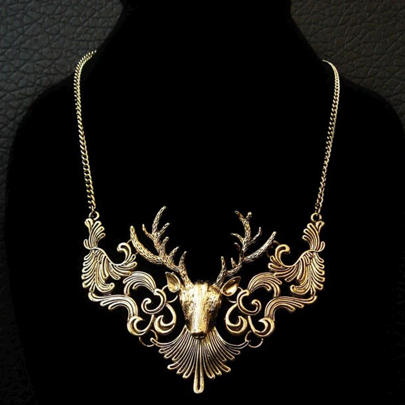 

Vintage Reindeer Head Flowers Big Pendant Silver Golden Necklace for Women Fashion Jewelry