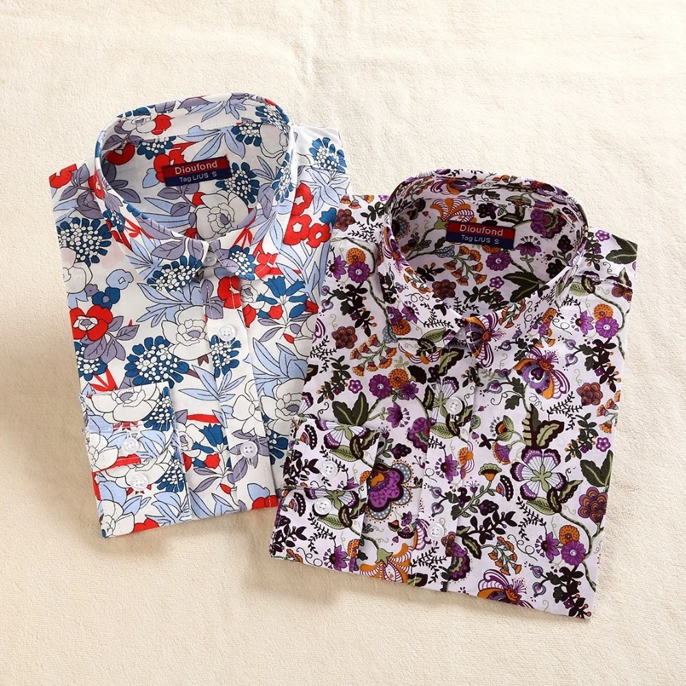 Dioufond винтажная женская блузка с цветочным принтом, повседневная женская рубашка с длинным рукавом и цветочным принтом, модная новая рубашка с отложным воротником размера плюс 5XL