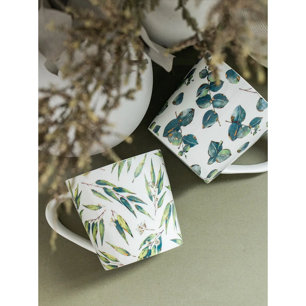 

480ml ins popular ceramic mug with handgrip Europe style green leaves printed water big capacity christmas gifts porcelain cups