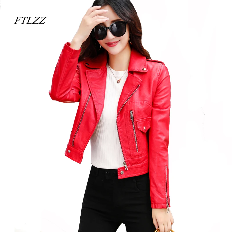 

FTLZZ Women New Red Faux Leather Jacket Fashion Slim Long Sleeve Short Design Motorcycle Biker Punk Coats