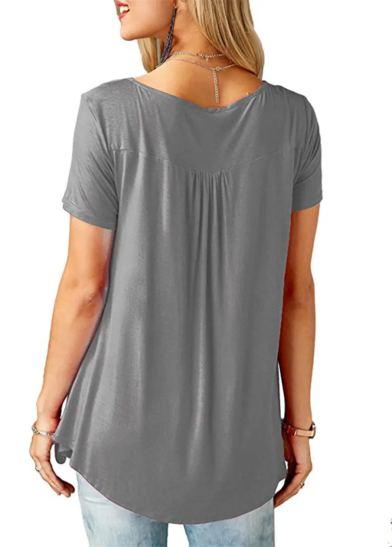 Women'S Summer Casual Short Sleeve T-Shirts Ruffle Button Up Split Neck Blouse Tunic Top Female 2018 Fashion Solid Loose Tees (15)