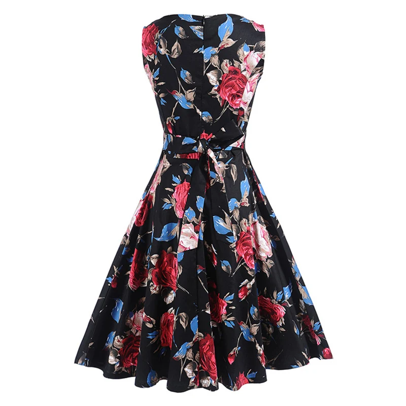 Kostlish Print Summer Dress Women 2017 Sleeveless Big Swing Belt Tunic Vintage Dress Elegant Rockabilly Party Dresses Sundress (10)