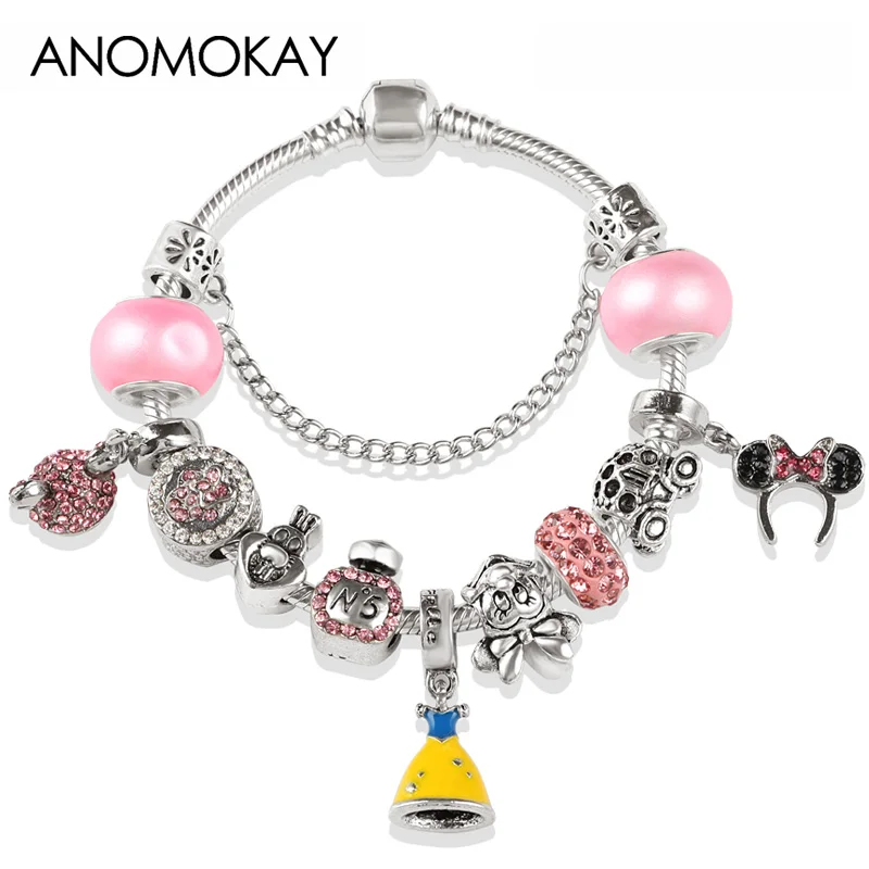

Dropshipping Pink Mickey Princess Crystal Charm Pan Bracelet Silver Color Rabbit Carriage Women Diy Bead Bracelets & Bangles