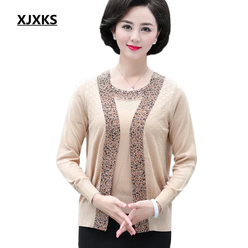 

XJXKS Women true two-piece knit cardigan + short-sleeved tops 2018 autumn new fashion beaded loose large size women cardigan