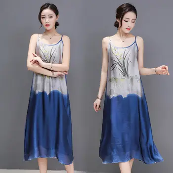 

2019 Summer New Printed Chiffon Suspender Dress Women Loose Large Size Sleeveless Long Vest Bottoming Dress Casual Robes f1176